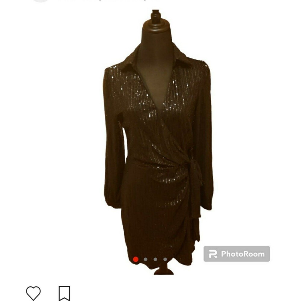 Double Lucky black sequin faux wrap dress Size L NWOT